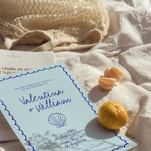Moderne Blauwe Mediterrane Shell bruiloft uitnodig Kaart