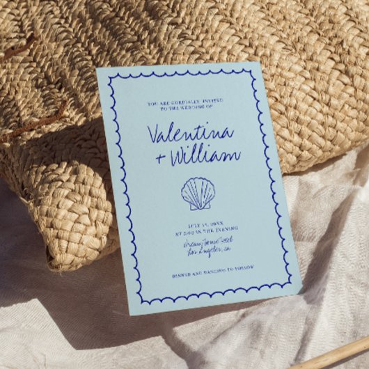 Moderne Blauwe Mediterrane Shell bruiloft uitnodig Kaart