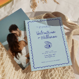 Moderne Blauwe Mediterrane Shell bruiloft uitnodig Kaart