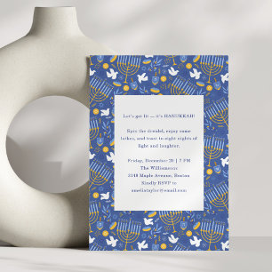 Moderne Blauwe Menora Dreidel Bruisend Hanukkah Fe Kaart