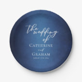 Moderne blauwe minimalistische aangepaste bruiloft papieren bordje (Voorkant)