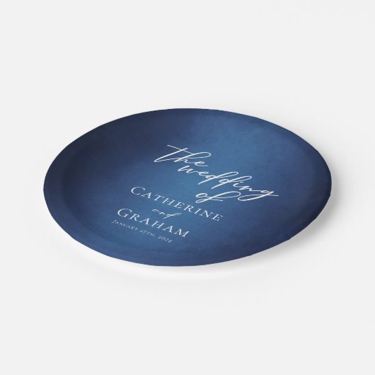 Moderne blauwe minimalistische aangepaste bruiloft papieren bordje (Gekanteld)