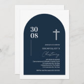 Moderne Blauwe Minimalistische Boog Jongen Doop Ui Kaart (Voorkant / Achterkant)