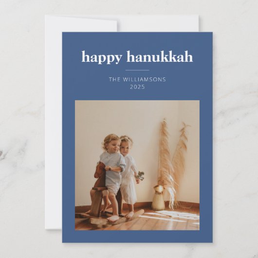 Moderne Blauwe Minimalistische Hanukkah Familie Fo Feestdagenkaart (Voorkant)