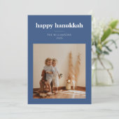 Moderne Blauwe Minimalistische Hanukkah Familie Fo Feestdagenkaart (Staand voorkant)
