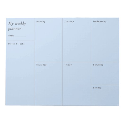 Moderne blauwe minimalistische weekplanner notitieblok (Voorkant)