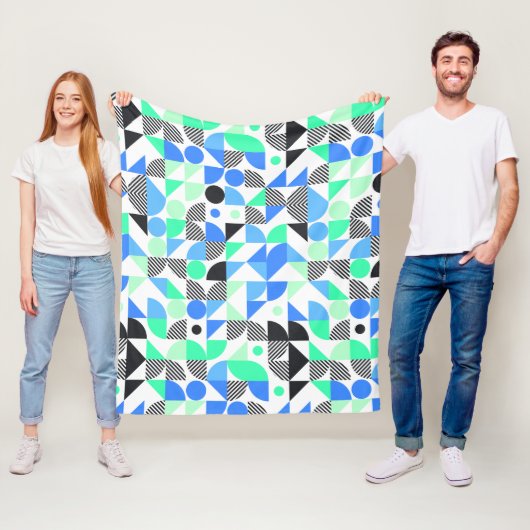 Moderne Blauwe Mint Geometrisch Fleece Deken (In situ)