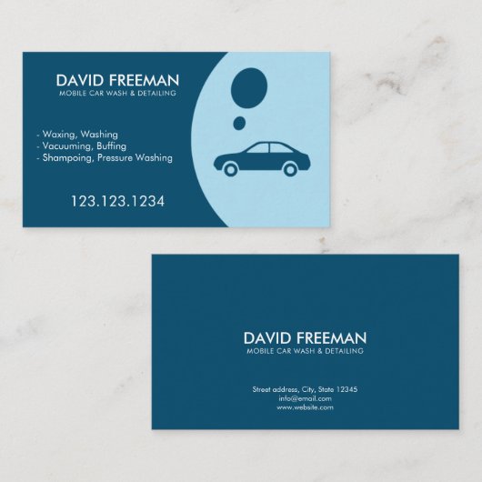 Moderne, blauwe, mobiele buswash en details visitekaartje (Voorkant / Achterkant)