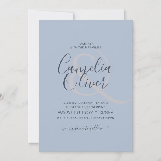 Moderne blauwe monochrome tekst alleen bruiloft kaart (Voorkant)