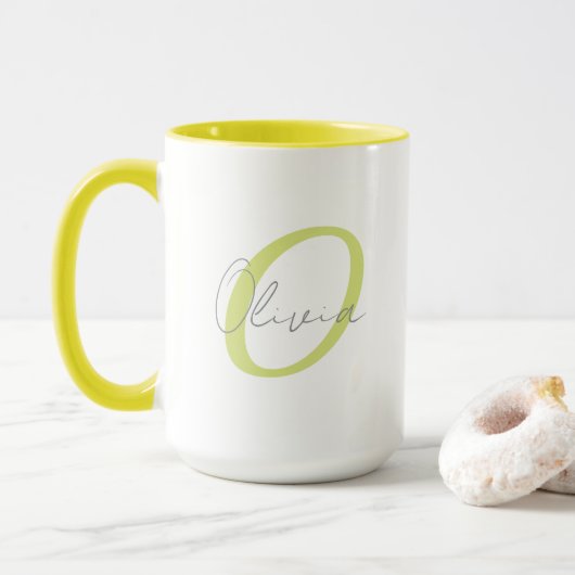 Moderne blauwe monogram & geschreven naam geperson mok (Met donut)