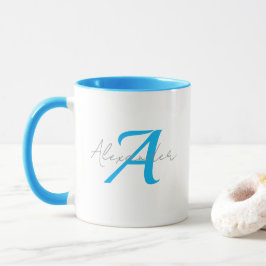 Moderne blauwe monogram & geschreven naam geperson mok