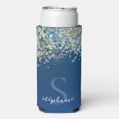 Moderne Blauwe Monogram Holografische Glitter Aang Seltzer Blikjeskoeler (Seltzer Achterkant)