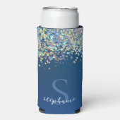 Moderne Blauwe Monogram Holografische Glitter Aang Seltzer Blikjeskoeler (Seltzer Voorkant)