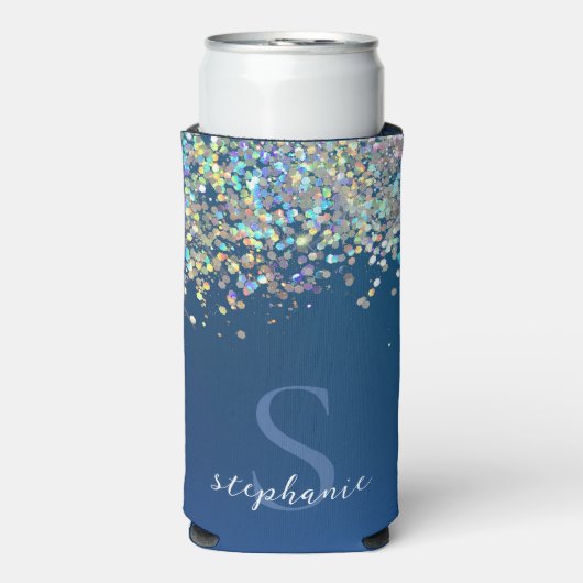 Moderne Blauwe Monogram Holografische Glitter Aang Seltzer Blikjeskoeler (Seltzer Voorkant)
