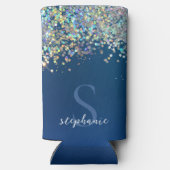 Moderne Blauwe Monogram Holografische Glitter Aang Seltzer Blikjeskoeler (Achterkant)