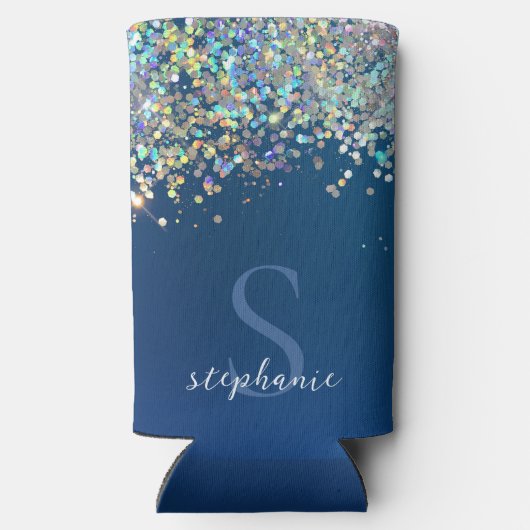 Moderne Blauwe Monogram Holografische Glitter Aang Seltzer Blikjeskoeler (Achterkant)