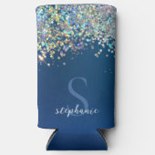 Moderne Blauwe Monogram Holografische Glitter Aang Seltzer Blikjeskoeler (Voorkant)