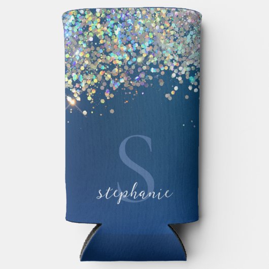 Moderne Blauwe Monogram Holografische Glitter Aang Seltzer Blikjeskoeler (Voorkant)