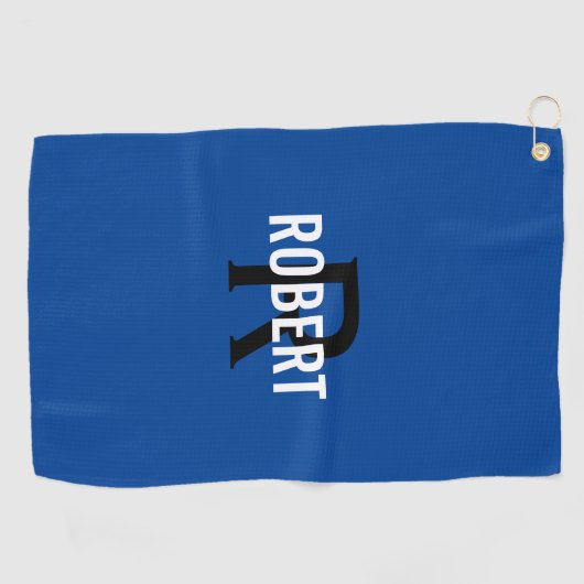 Moderne blauwe monogram mannen naam golfhanddoek (Horizontaal)