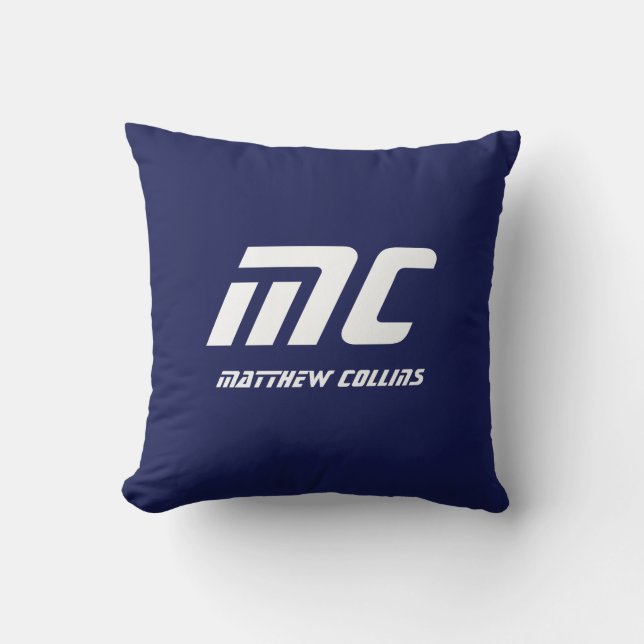 Moderne Blauwe Monogram Minimalistische Naam Witte Kussen (Voorkant)