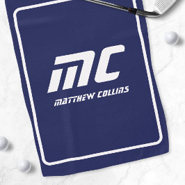 Moderne Blauwe Monogram Minimalistische Witte Naam Golfhanddoek