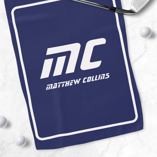 Moderne Blauwe Monogram Minimalistische Witte Naam Golfhanddoek