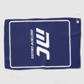 Moderne Blauwe Monogram Minimalistische Witte Naam Golfhanddoek (Horizontaal)