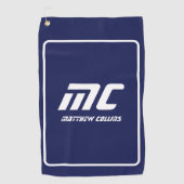Moderne Blauwe Monogram Minimalistische Witte Naam Golfhanddoek (Voorkant)