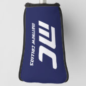 Moderne Blauwe Monogram Minimalistische Witte Naam Golfheadcover (Draai 90)