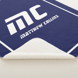 Moderne Blauwe Monogram Minimalistische Witte Naam Sherpa Deken