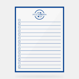 Moderne blauwe monogram naam takenlijst dry-erase acryl bord