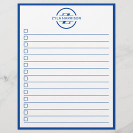 Moderne blauwe monogram naam takenlijst flyer