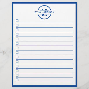 Moderne blauwe monogram naam takenlijst flyer