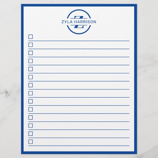 Moderne blauwe monogram naam takenlijst flyer (Voorkant)