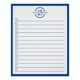 Moderne blauwe monogram naam takenlijst perfect poster
