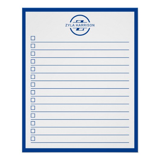 Moderne blauwe monogram naam takenlijst perfect poster (Voorkant)
