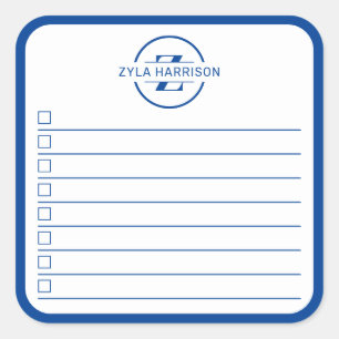 Moderne blauwe monogram naam takenlijst vierkante sticker