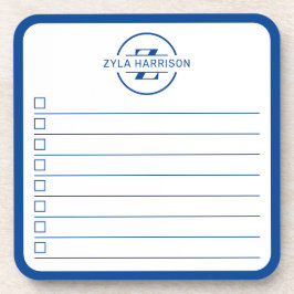Moderne blauwe monogram naam takenlijst whiteboard bier onderzetter
