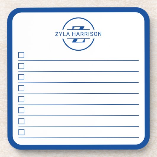 Moderne blauwe monogram naam takenlijst whiteboard bier onderzetter (Voorkant)