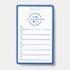 Moderne blauwe monogram naam whiteboard takenlijst badge