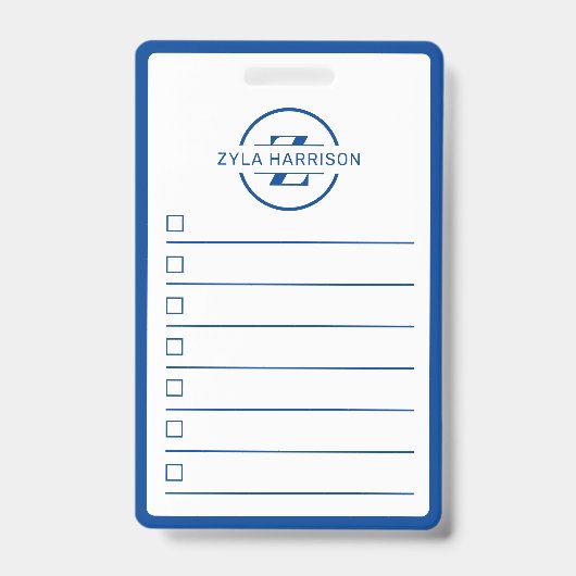 Moderne blauwe monogram naam whiteboard takenlijst badge (Voorzijde)