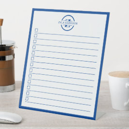 Moderne blauwe monogram takenlijst dry-erase bord reclamebord met voetstuk
