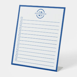 Moderne blauwe monogram takenlijst dry-erase bord reclamebord met voetstuk