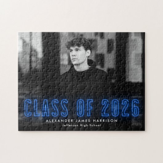Moderne Blauwe Neon Klasse van 2025 Afstuderen Fot Legpuzzel (Horizontaal)
