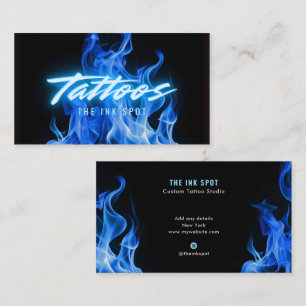Moderne Blauwe Neon Vlammen Tatoeage Kunstenaar Visitekaartje