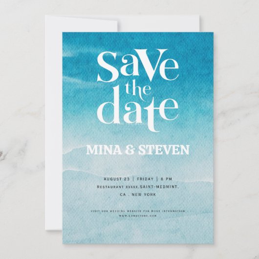 Moderne blauwe oceaan Watercolor bruiloft  Save The Date (Voorkant)