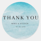 Moderne blauwe oceaan Waterverf bruiloft dank u Ronde Sticker (Voorkant)