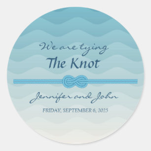 Moderne Blauwe Ombre Golven en Knoop Bruiloft Ronde Sticker