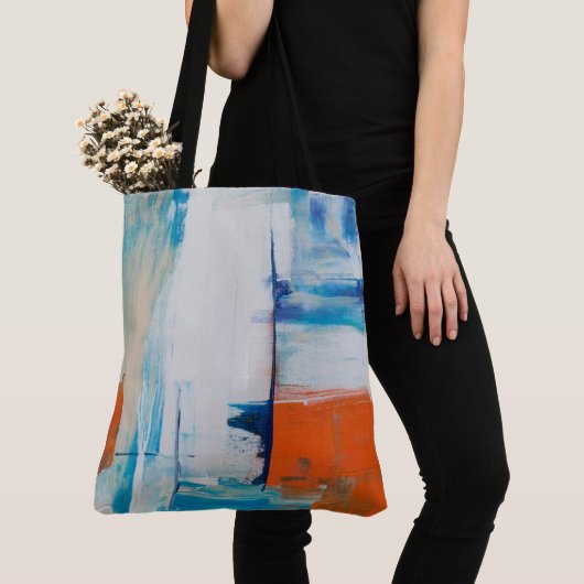 Moderne Blauwe Oranje Abstracte Kunst Tote Bag (Dichtbij)