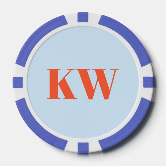 Moderne blauwe oranje monogram initiaal gepersonal poker chips (Voorkant)